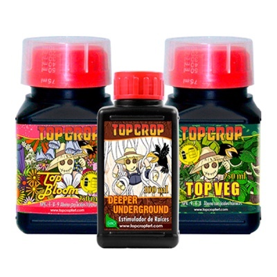 Três frascos de adubo líquido Top Crop com tampas vermelhas e rótulos coloridos