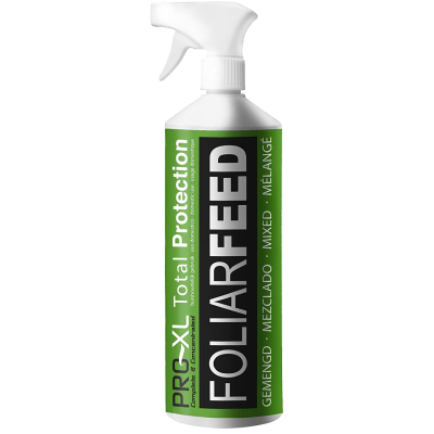 Frasco de spray plástico branco com rótulo verde e preto para proteção foliar.