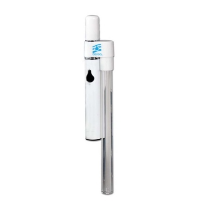 Detector branco com tubo de vidro transparente e logo azul DEKSO