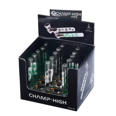 Expositor com tubos de vidro para fumar decorados com folhas verdes