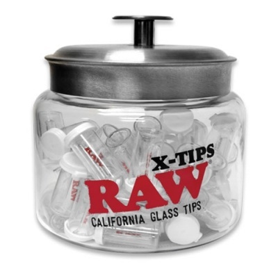 Frasco de vidro com tampa metálica e tubos de vidro pequenos dentro, com texto RAW X-TIPS CALIFORNIA GLASS TIPS