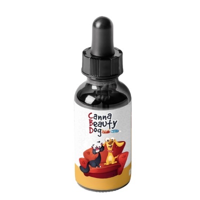 Frasco com conta-gotas e rótulo Canna Beauty Dog com cão e gato num sofá vermelho