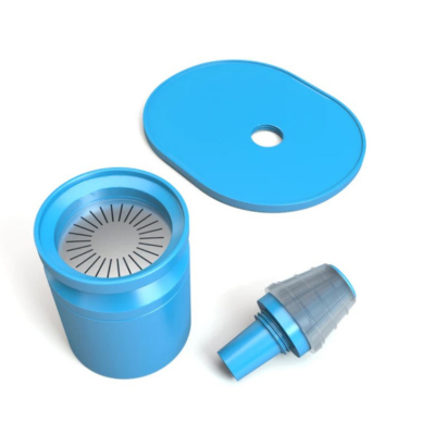 Conjunto azul de recipiente cilíndrico, tampa oval e acessório cónico azul transparente