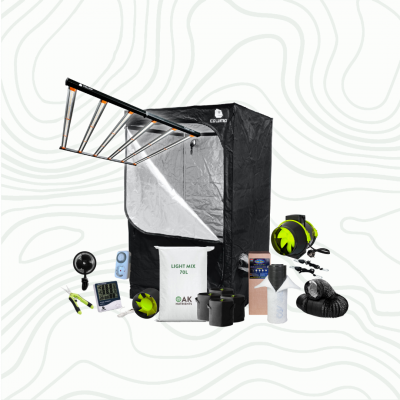 Kit completo de cultivo indoor com tenda preta, saco Light Mix 70L, ventoinha, temporizador, filtro de carvão e acessórios