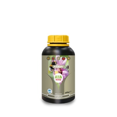Frasco preto com tampa amarela e rótulo com imagem de abelha e flor