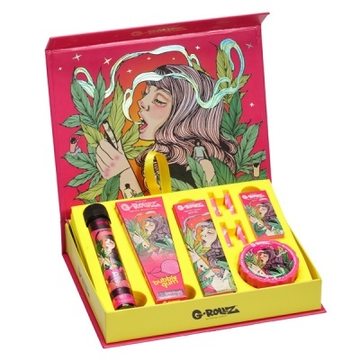 Conjunto de produtos G-ROLLZ com ilustração colorida de mulher e folhas verdes