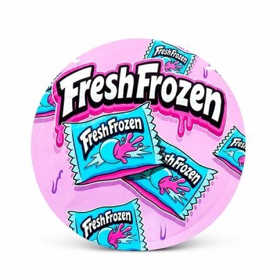 Embalagem redonda rosa com texto Fresh Frozen e ilustrações em azul e rosa