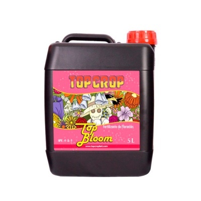 Recipiente preto com fertilizante Top Bloom de 5 litros com rótulo rosa colorido