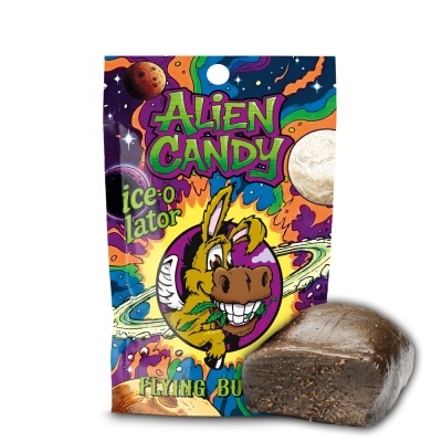 Embalagem colorida ALIEN CANDY com personagem de burro sorridente e pedaço de produto marrom
