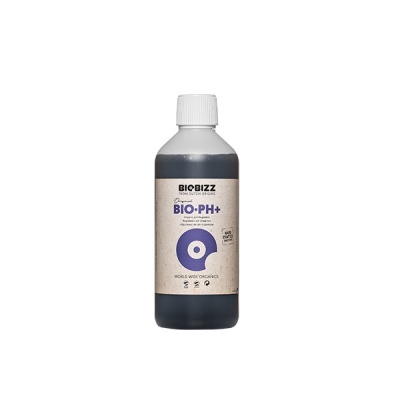 Frasco plástico com líquido escuro e rótulo com texto BIOBIZZ BIO-PH+