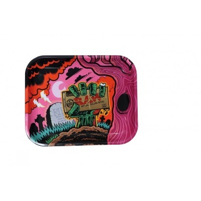 Tabuleiro de metal colorido com design de mão verde e maço de cigarros