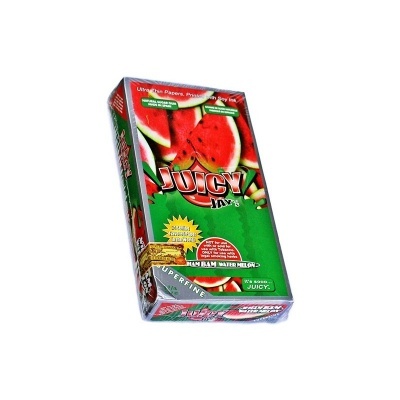 Embalagem verde de papel para enrolar Juicy Jay's com imagens de melancia e texto promocional