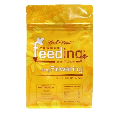 Embalagem amarela de suplemento em pó com texto Feeding powder long Flowering 1 kg