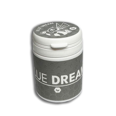 Embalagem cilíndrica cinza e branco com texto BLUE DREAM e 3gr