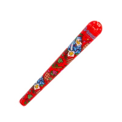 Tubete vermelho decorado com ilustrações coloridas e texto G-ROLLZ