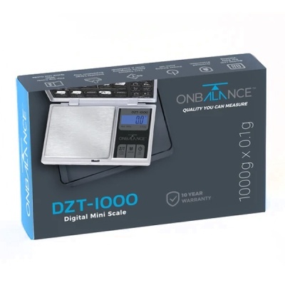 Embalagem de balança digital mini ONBALANCE DZT-1000 cinzenta e azul com ecrã LCD