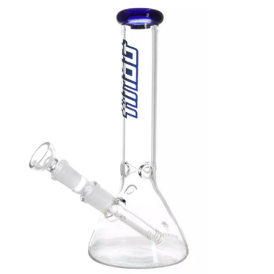 Bong de vidro transparente com base em cone e tubo longo azul com texto THOR