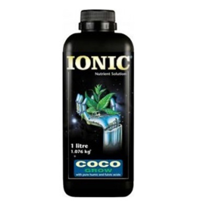 Frasco preto de 1 litro com rótulo IONIC Nutrient Solutions e COCO GROW.