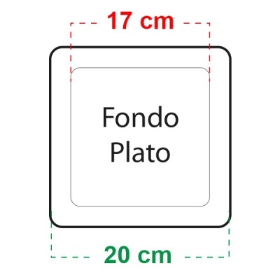 Prato quadrado branco com medidas 20 cm x 17 cm e texto Fondo Plato