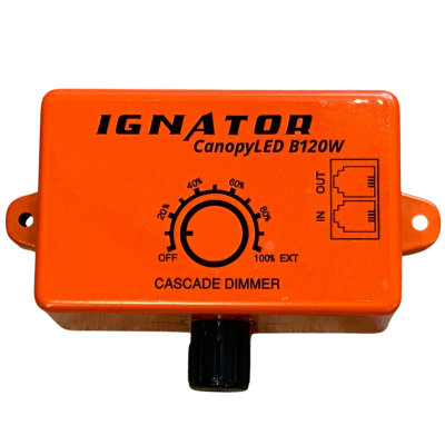 Dimmer cascata eletrônico laranja com botão giratório preto.