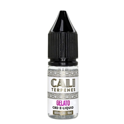 Frasco pequeno de líquido CBD com rótulo CALI TERPENES GELATO CBD E-LIQUID