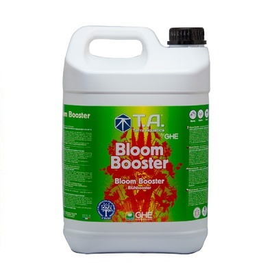 Recipiente branco de 5 litros com rótulo verde e texto Bloom Booster