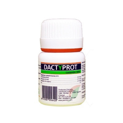 Frasco plástico branco com rótulo DACTYPROT e informações do fabricante.