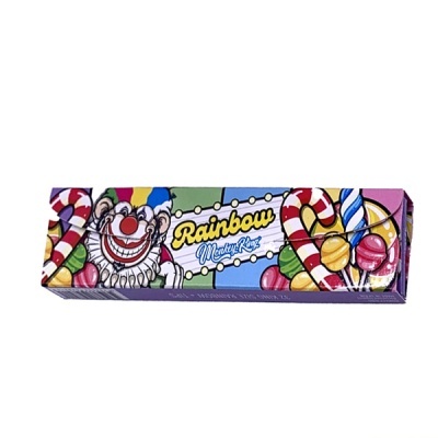Embalagem rectangular com desenho de palhaço e pirulitos coloridos