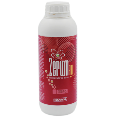 Frasco plástico branco com rótulo vermelho Zerum Pro neutralizador de odores Fresa Silvestre