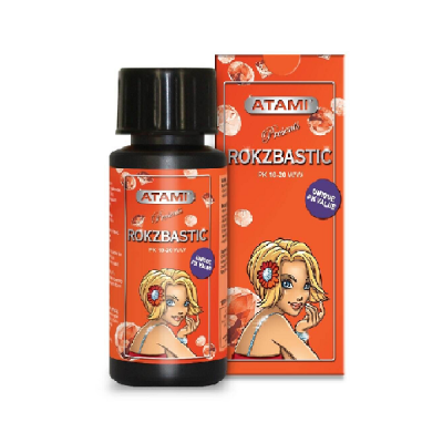 Frasco preto e caixa laranja do produto ATAMI ROKZBASTIC PK 10-20 WAVY com ilustração de mulher loira.