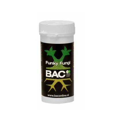 Frasco branco com rótulo preto e texto Funky Fungi BAC