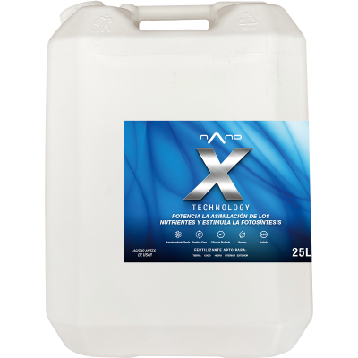 Bidão branco de 25 litros com etiqueta azul e preta de fertilizante Nano X Technology