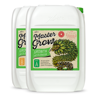 Duas embalagens brancas Master Grow Growth Accelerator PART A e PART B com desenhos verdes