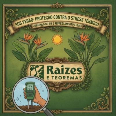 Cartaz verde decorado com texto sobre proteção térmica e medidor de pH do solo com leitura 6.5.