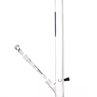 Bong de vidro transparente com detalhes azul-escuro e tubo removível