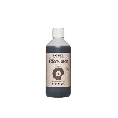 Garrafa preta de plástico com rótulo bege BIOBIZZ ROOT JUICE e tampa branca