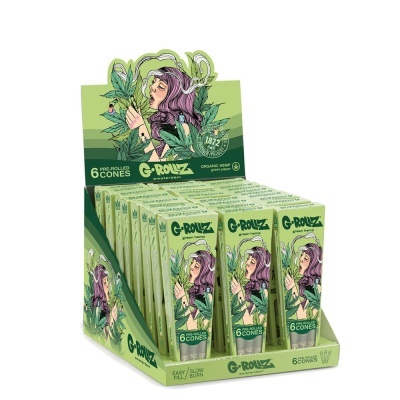 Caixas verdes de cones pré-enrolados G-Rollz com ilustração de mulher e folhas de cânhamo