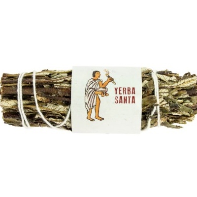 Feixe de ramos secos com etiqueta YERBA SANTA