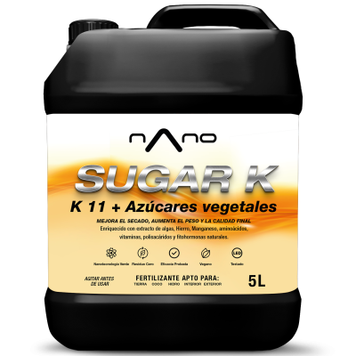 Recipiente plástico preto de 5L com rótulo branco e amarelo de fertilizante Nano Sugar K