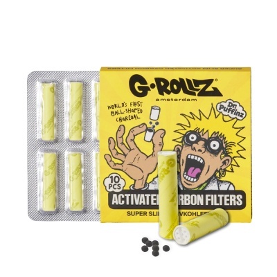 Filtros de carvão ativado G-Rollz em caixa amarela com ilustração e filtros soltos