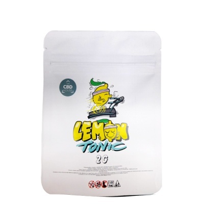 Embalagem branca com selo zip e desenho de limão a correr, texto LEMON TONIC 2G