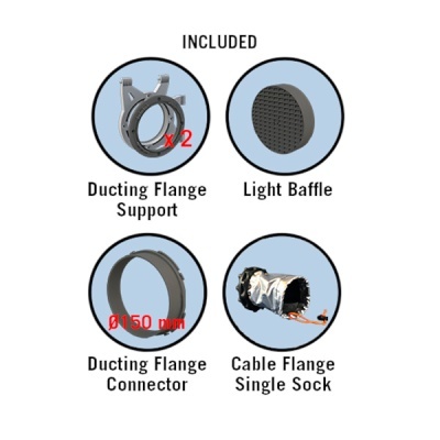 Componentes industriais para condutas: suporte de flange, abafador de luz, conector de flange Ø150 mm e flange para cabo soquete único