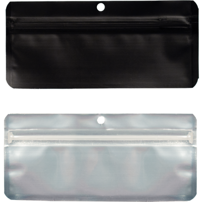 Dois sacos plásticos retangulares com fecho zip, um preto e outro transparente