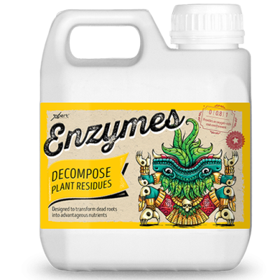 Recipiente branco com rótulo amarelo Enzymes DECOMPOSE e ilustração colorida