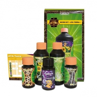 Kit de produtos líquidos para plantas com cinco frascos e embalagem retangular verde