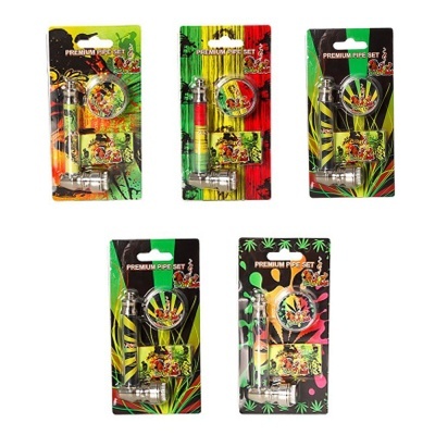 Cinco conjuntos de cachimbos com embalagens coloridas e texto Premium Pipe Set