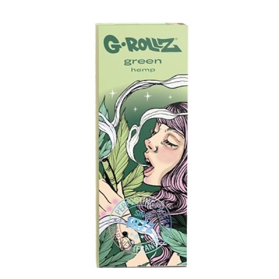 Embalagem de papel G Rollz green hemp com ilustração e selo azul
