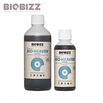 Frascos de fertilizante BIOBIZZ BIO-HEAVEN preto e branco com etiquetas brancas e azuis