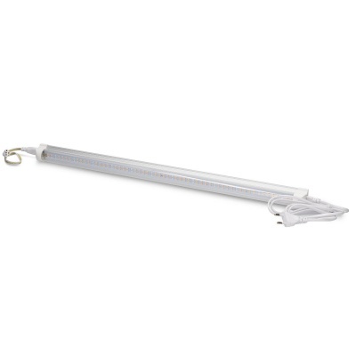 Luz LED tubular linear branca com botão e fio em fundo branco