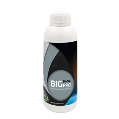 Frasco branco com rótulo preto e azul com texto BIG BANG PRO